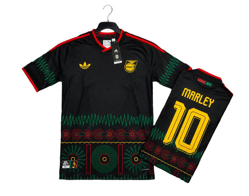 Jamaica 2026 x Bob Marley Away Jersey front with folded back showing player name and number | Athelex Pakistan