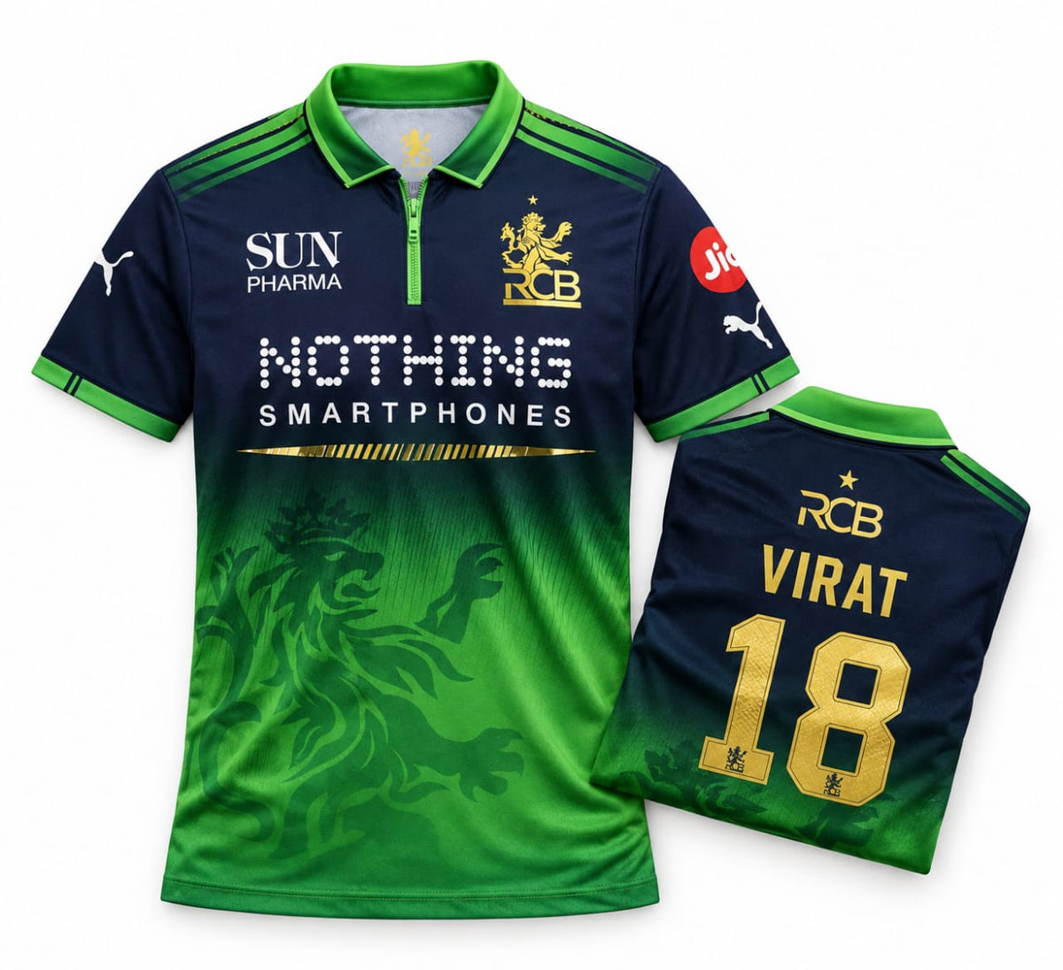 Royal Challengers Bengaluru RCB Green Jersey 2026 front with folded back showing player name and number | Athelex Pakistan