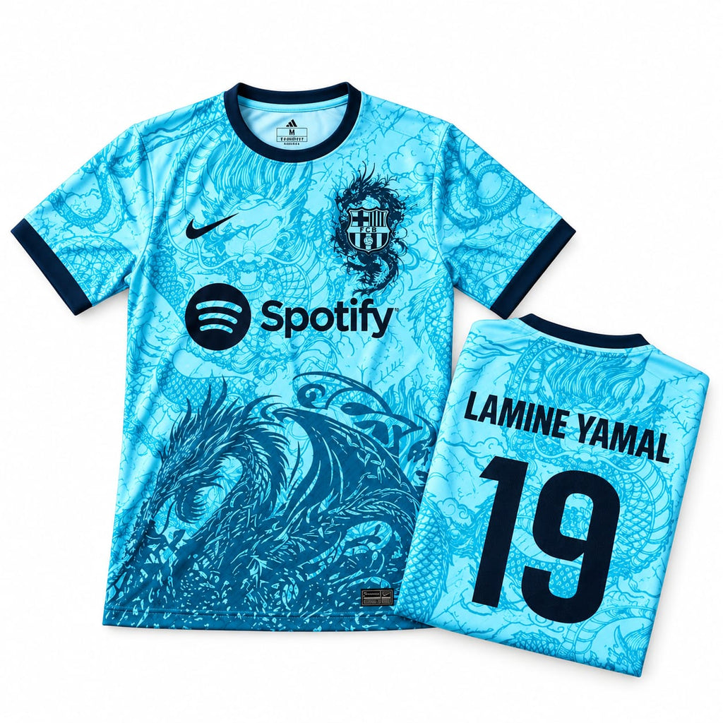 FC Barcelona Blue Dragon Special Edition Jersey 2025/26 front with folded back showing player name and number | Athelex Pakistan