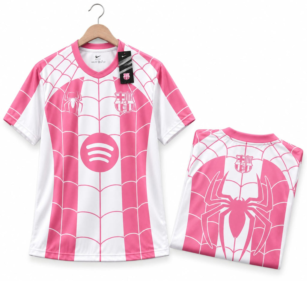 FC Barcelona x Spider-Man Pink Concept Jersey front with folded back showing name and number | Athelex Pakistan