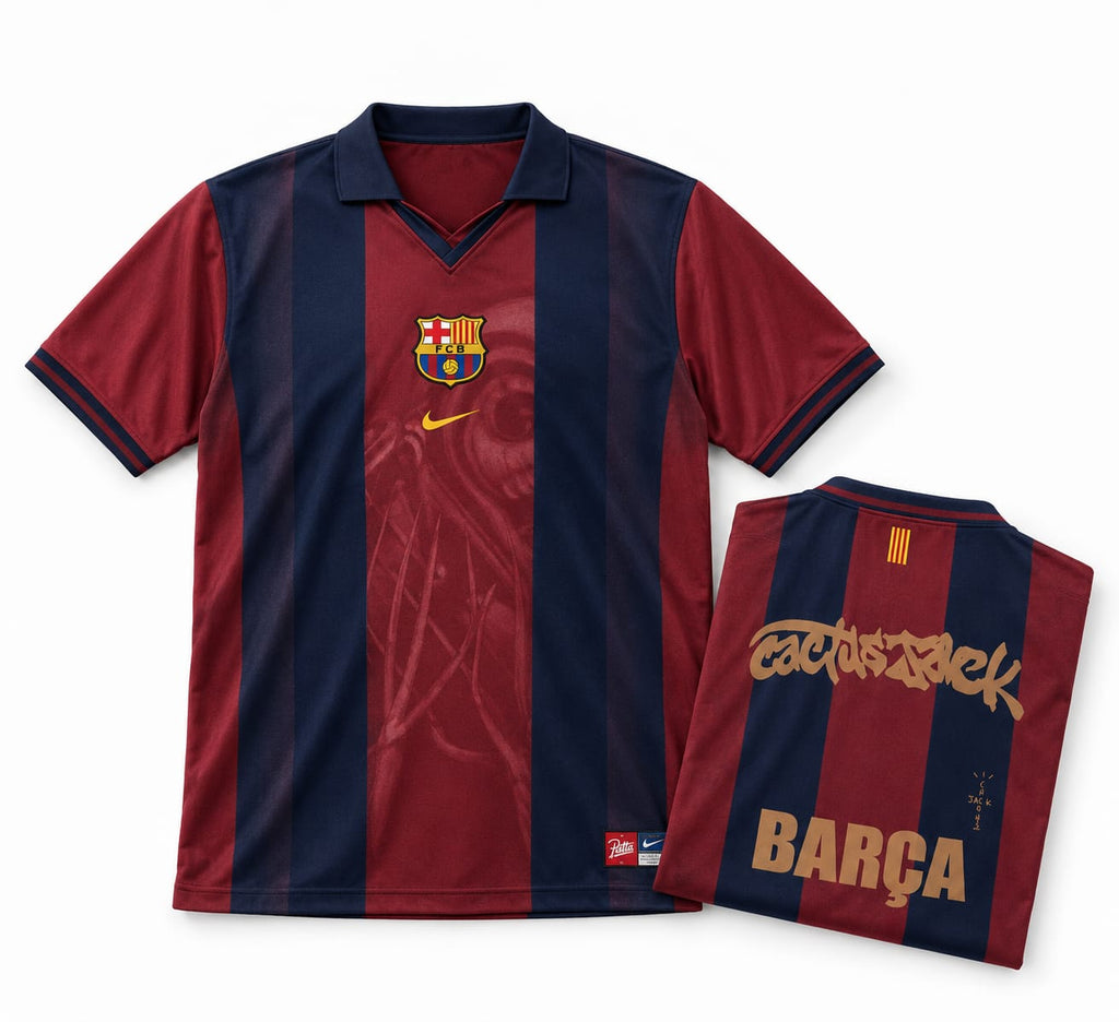 Barcelona Retro Skeleton Jersey 2000/01 front with folded back showing player name and number | Athelex Pakistan