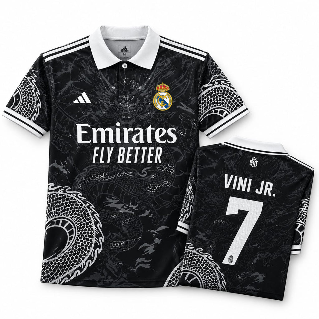 Real Madrid Black Dragon Jersey 2023/24 front with folded back showing player name and number | Athelex Pakistan