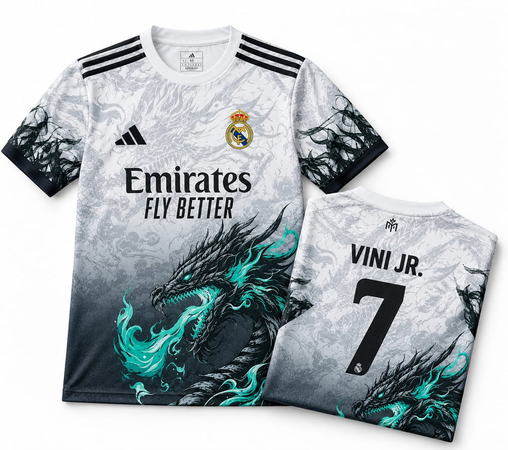 Real Madrid Blue Dragon Special Edition Jersey 2024/25 front with folded back showing player name and number | Athelex Pakistan