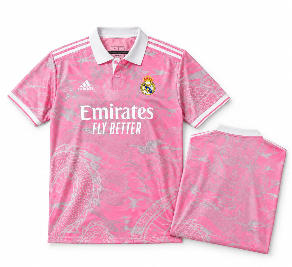 Real Madrid Pink Dragon Jersey 2023/24 front with folded back showing player name and number | Athelex Pakistan